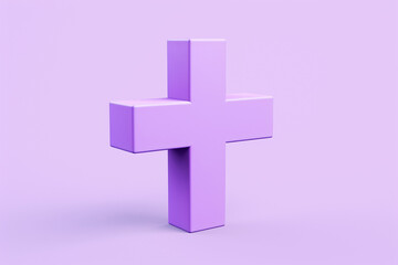 Obraz premium The model of light purple shiny cross or plus symbol isolated on the simple bright solid background. Generative AI.