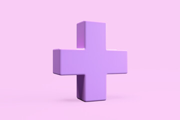 The model of light purple shiny cross or plus symbol isolated on the simple bright solid...