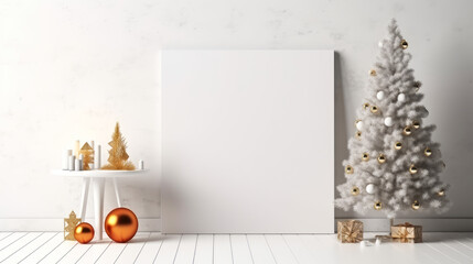 Empty blank poster placard mockup with Christmas new year decorations. Holiday concept. Ai generative