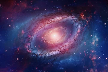Foto op Plexiglas A spiral galaxy surrounded by stars and a blue sky background, featuring a bright blue and purple galaxy with a red and white spiral in the center. Generative AI © Calantha