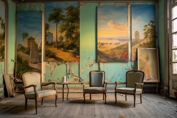 Room with three paintings and chair. Generative AI