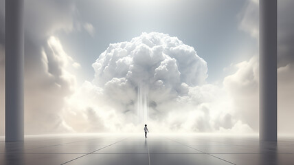 abstract background small silhouette of a man in a room among white clouds, psychology consciousness mind
