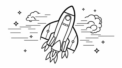 black and white sketch illustration mock-up of a space rocket starting, coloring book for a children's book, thin black outline image - obrazy, fototapety, plakaty