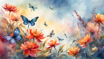 watercolor llustration of a landscape of blossoms, flower, branches, dragonflies and butterflies with a sky background