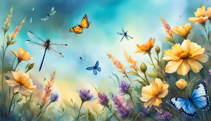 Obraz na płótnie Canvas watercolor llustration of a landscape of blossoms, flower, branches, dragonflies and butterflies with a sky background