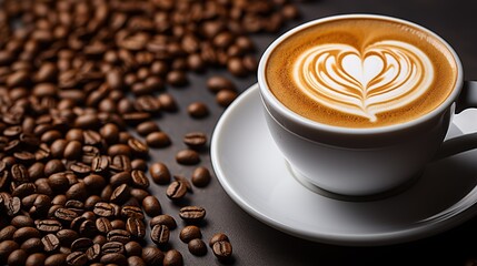 Cup of hot latte coffee with a heart pattern on cholit milk foam on a matte tray with aroma roasted coffee beans