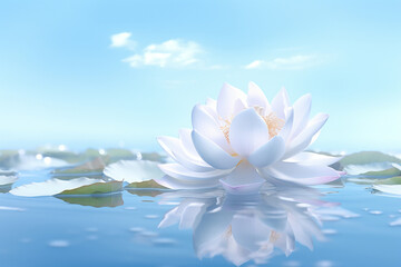 The beautiful and relaxing scene of the pure bloom white  light pink lotus on a still water surface of a pond, Generative AI.