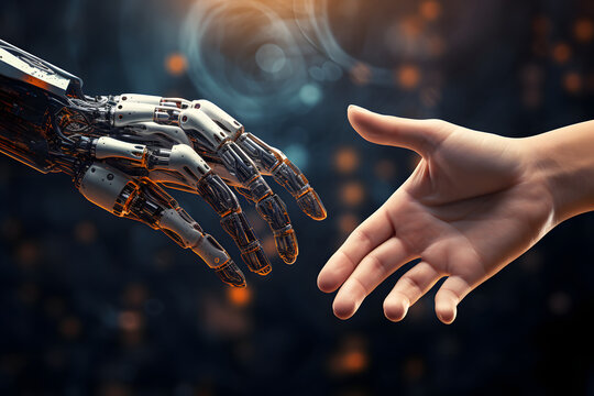 A robo hand and human hand touching each others. Artificial intelligence.