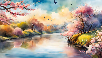 watercolor illustration of a landscape with flowers, branches, trees, river and birds against the sky