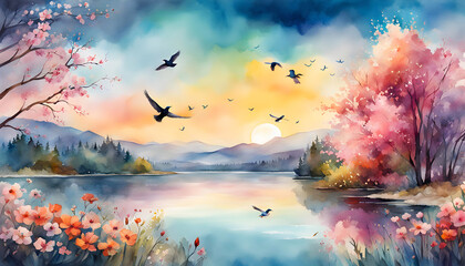 watercolor illustration of a landscape with flowers, branches, trees, river and birds against the sky