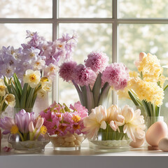 Obraz na płótnie Canvas Windowsill Wonderland: A Symphony of Spring Blooms,still life with flowers