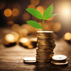 Monedas apiladas y una planta saliendo de ellas 