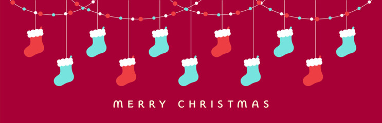 Merry Christmas Border Banner, Hanging Santa Stockings Garland. Winter Holiday Season Header Decoration. Web Banner Template. Vector illustration.