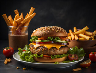 The fresh and delicious cheeseburger with fries on a dark black background.