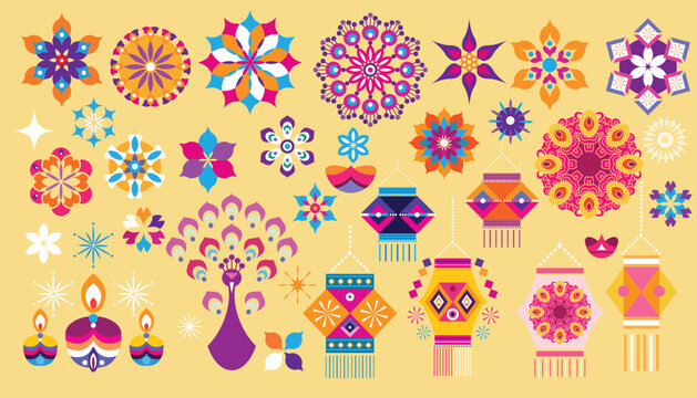 Traditional Indian festival Diwali. Happy Festival of lights Deepavali Template  set icons for greeting card Festive Burning diya graphic design background Vector abstract flat illustration