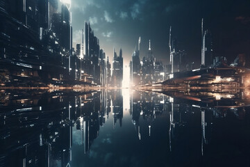 Fototapeta na wymiar super futuristic cityscape with the city harbor in water reflections below generative ai