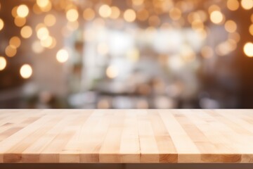 Empty beautiful wood table top counter and blur bokeh modern kitchen interior background in clean and bright,Banner, Ready for product montage - obrazy, fototapety, plakaty