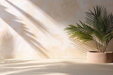 Tropical summer background with concrete wall, pool water and palm leaf shadow. Luxury hotel resort exterior for product placement.
