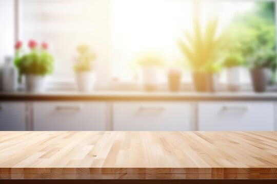 Empty beautiful wood table top counter and blur bokeh modern kitchen interior background in clean and bright,Banner, Ready for product montage