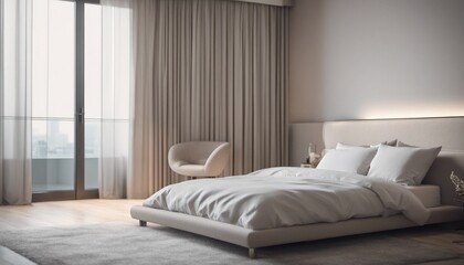 This is a photo of a modern bedroom with a large window and a view of the city.