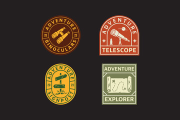 binocular, telescope, signpost, map badge logo vector for adventure and camping