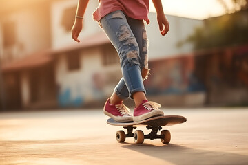 Close up of woman riding a skateboard outdoors on a beautiful summer day - Powered by Adobe