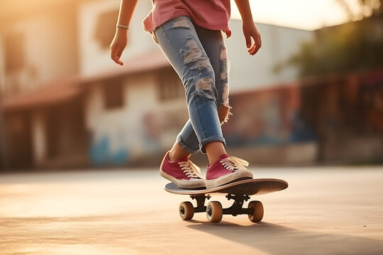Close up of woman riding a skateboard outdoors on a beautiful summer day