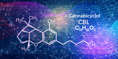 Cannabicyclol or CBL molecular structural chemical formula. Futuristic science backdrop. Pharmacology concept