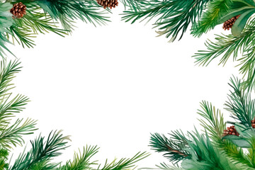 Fototapeta na wymiar Christmas tree branch watercolor background frame. Rectangular border with coniferous twigs and cone