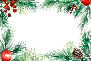 Christmas tree branch background border. Watercolor rectangular frame with coniferous twigs, cone and berries