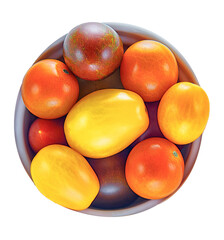 Cenit view of a bowl with plums and apricots isolated on transparent background. PNG file