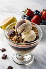 Hearty and delicious chocolate scoop ice cream with fruit and granola in a glass bowl on a table surrounded by fruits. Generative AI.