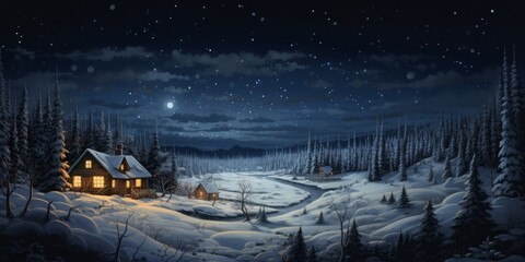  Illustration depicts a lone cabin amidst snowy trees, capturing winter's quiet.