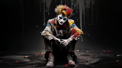 Portrait of a scary clown sitting on the ground and looking at the camera