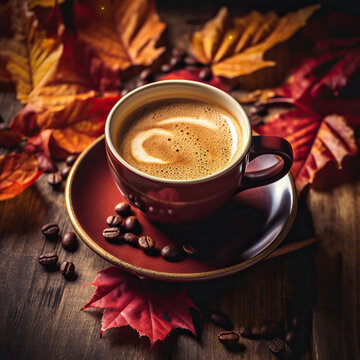 cup of coffee and autumn leaves,Autumn Serenity: A Coffee Break Amidst Fall Colors