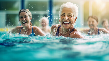 Active senior women in aqua fit class, joy and camaraderie
