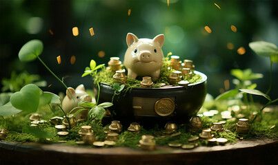 delighted piggy bank positioned on a verdant garden backdrop, with shimmering golden coins seemingly in mid-air, creating an aura of abundance around it