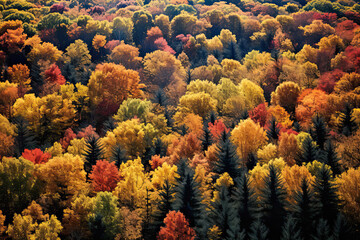 Naklejka na ściany i meble Aerial view of Mountain Forests with Brilliant Fall Colors in Autumn