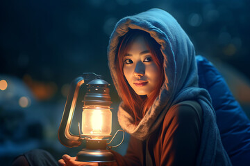 cute asian woman outdoors campfire at night.generative ai