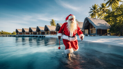 Santa Claus in the Maldives, where there is a quiet and calm lagoon with crystal clear azure water...
