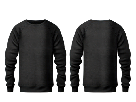 Set of black front and back view t-shirt sweater long sleeve on transparent background cutout.