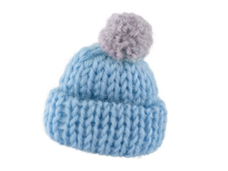 knitted hat made of wool yarn with a gray pompom, isolated on a white background