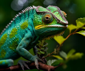 Obraz premium Green colored chameleon close up