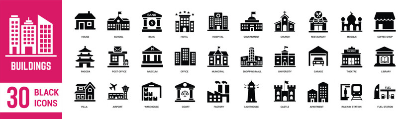 Building solid black icons set. House, building, school, bank, government, warehouse, apartment, church, villa and office. Vector illustration - obrazy, fototapety, plakaty