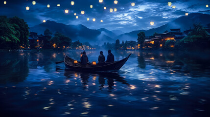Beautiful Night Landscape with Boat - obrazy, fototapety, plakaty