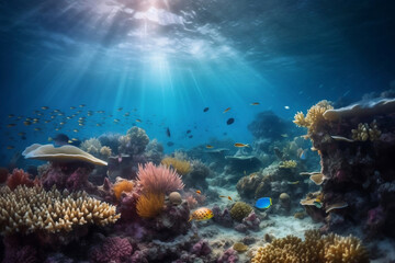 Naklejka na ściany i meble Underwater scene of happy and untouched ocean life generative ai