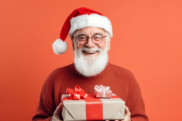 Cute trendy hipster elderly man is ready for Christmas party. Santa hats.generative ai