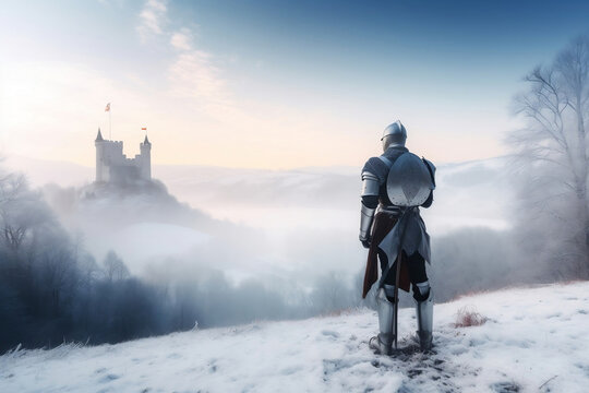 Knight looking to the castle on the hill at winter landscape generative ai