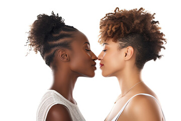 A beautiful homosexual lesbian black american couple kissing and looking in each others eyes.