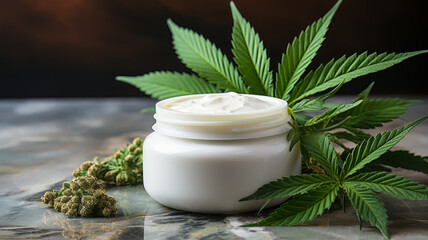 Obraz na płótnie Canvas Cannabis cream jar, organic skincare on marble table.generative ai